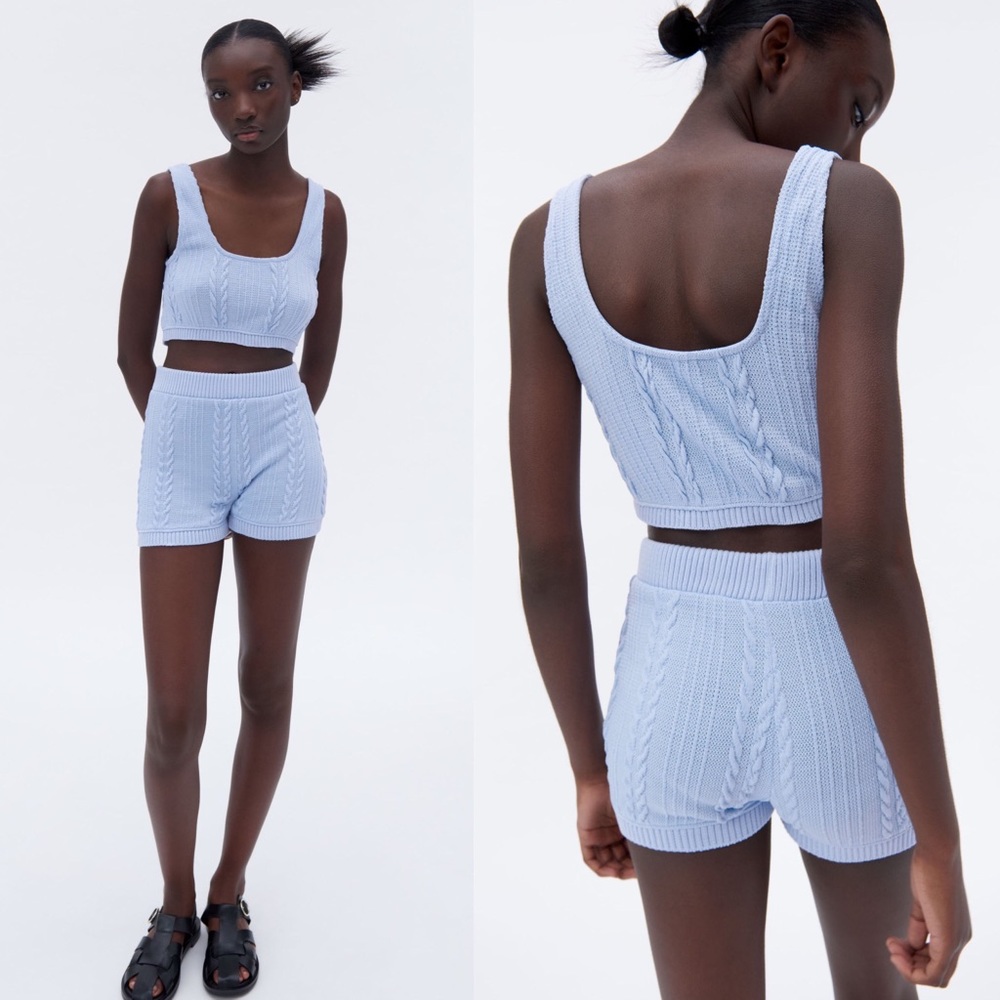 Zara CABLE-KNIT High-waist Shorts w/ Elastic Waistband Blue Size S NEW
